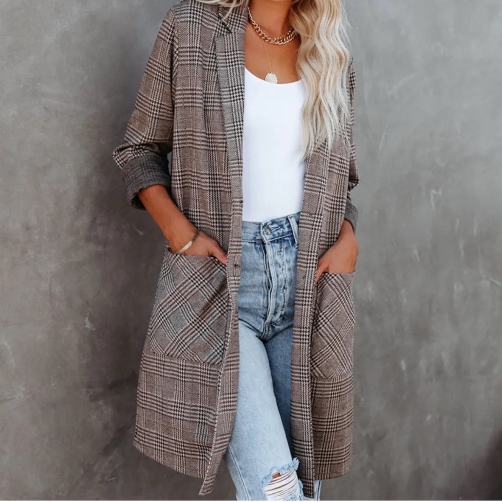 NWT En Creme Plaid Pocket Knit Coatigan Cardigan Coat Button Chocolate Taupe - Picture 7 of 10